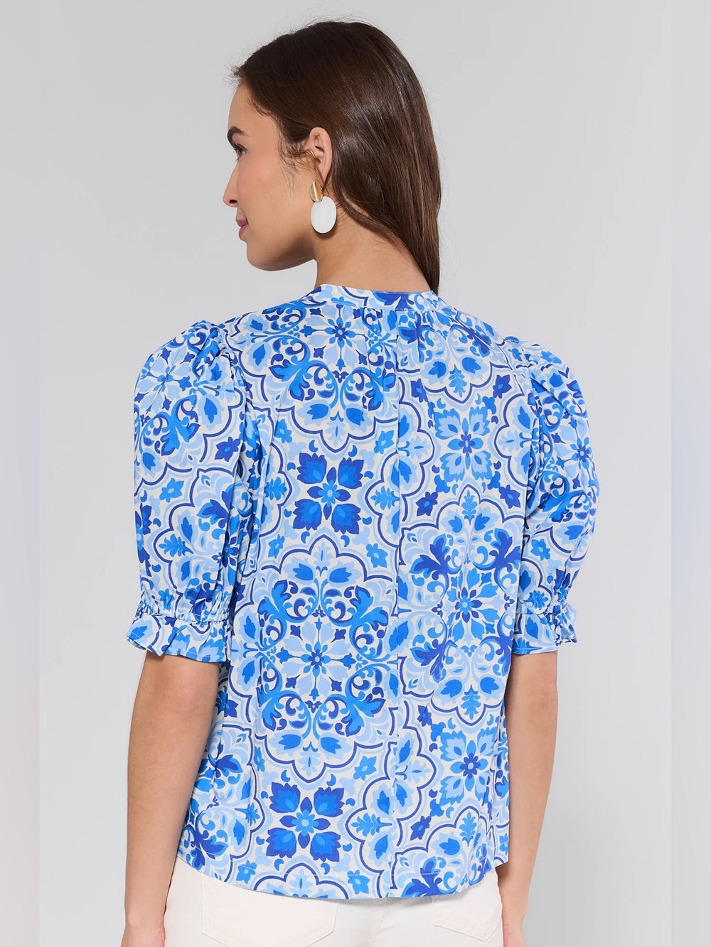 Avara Delise Blue Embellished V-Neck Puff Sleeve Blouse Top Greecian NWT XS - Picture 5 of 10